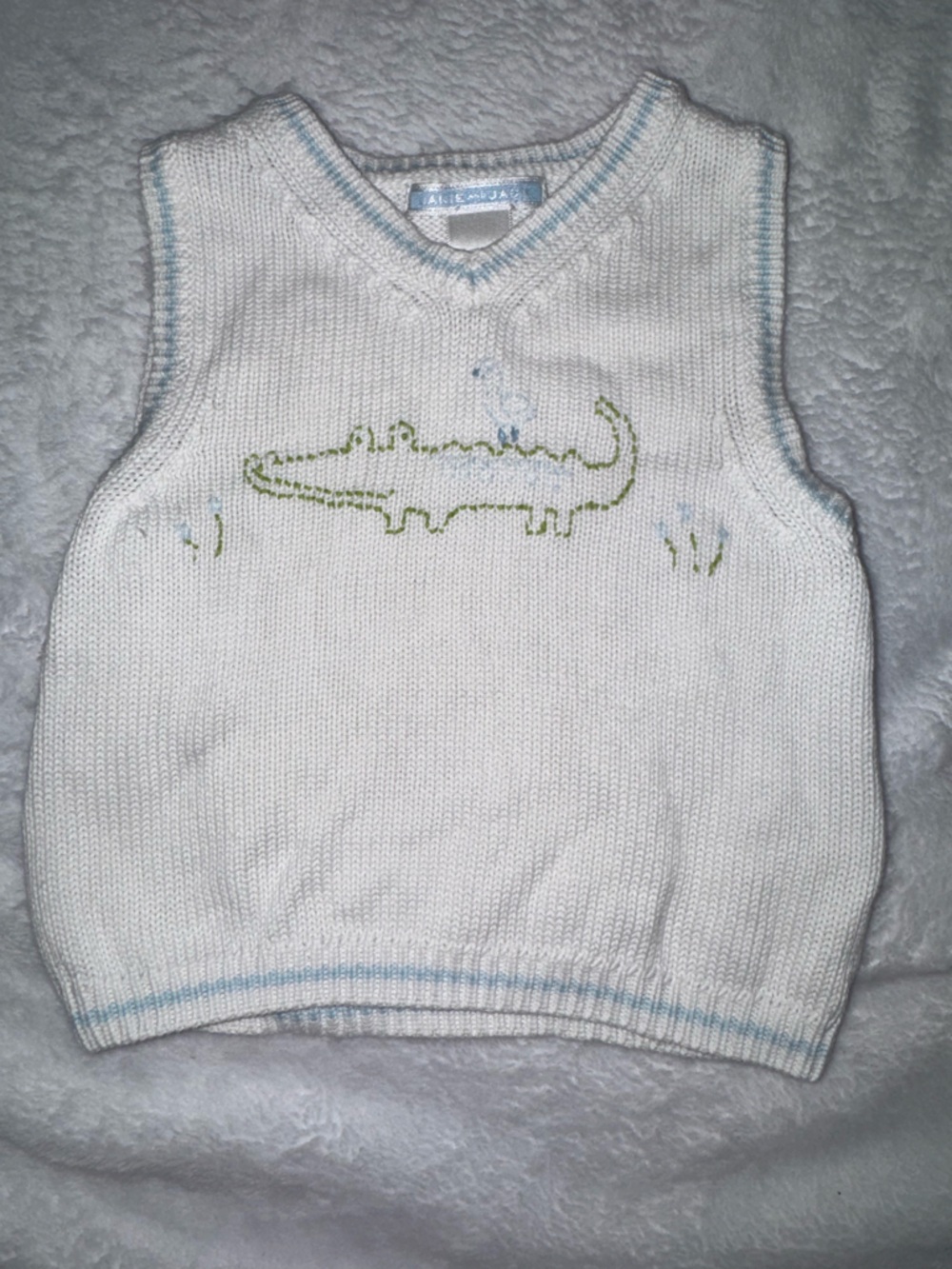 Janie and Jack White Knit Vest with Light Blue Trim and Green Crocodile